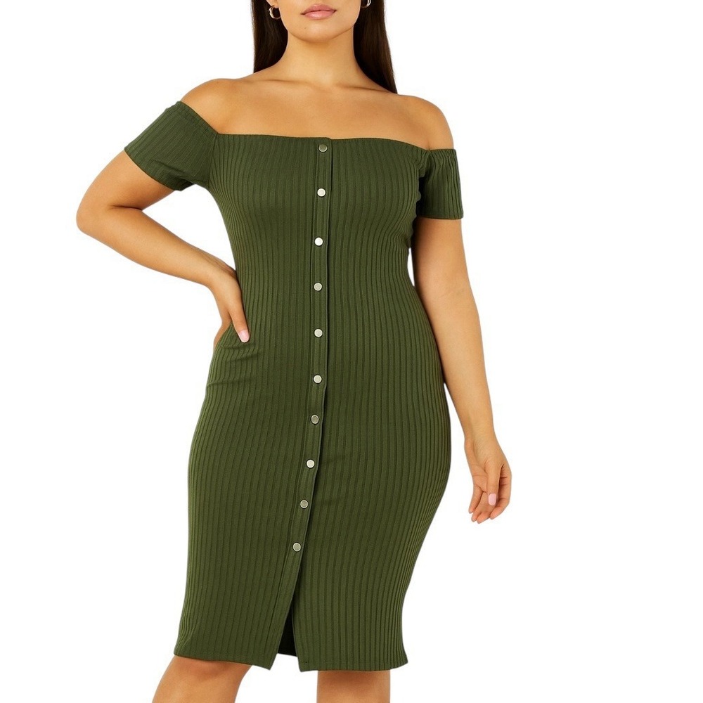 Say What? Women's Olive Green Ribbed Off The Shoulder Knit Mini Dress Soft Girl